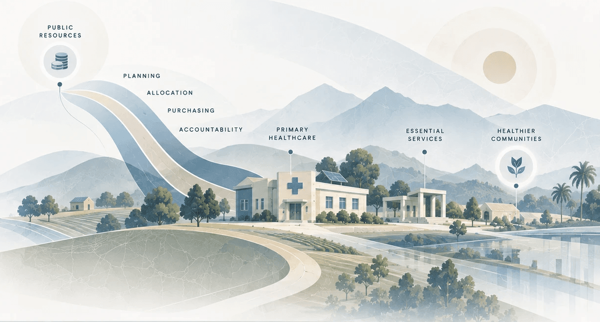 Illustration of a rural primary healthcare facility connected to a pathway of public resources flowing through planning, allocation, purchasing and accountability to reach primary healthcare, essential services and healthier communities