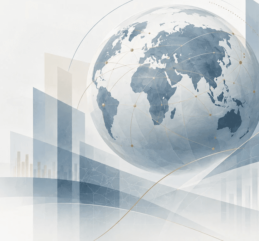 Illustration of a globe wrapped in a connected network of data and trade lines, with fiscal bar charts rising beneath it, symbolizing public finance and international development