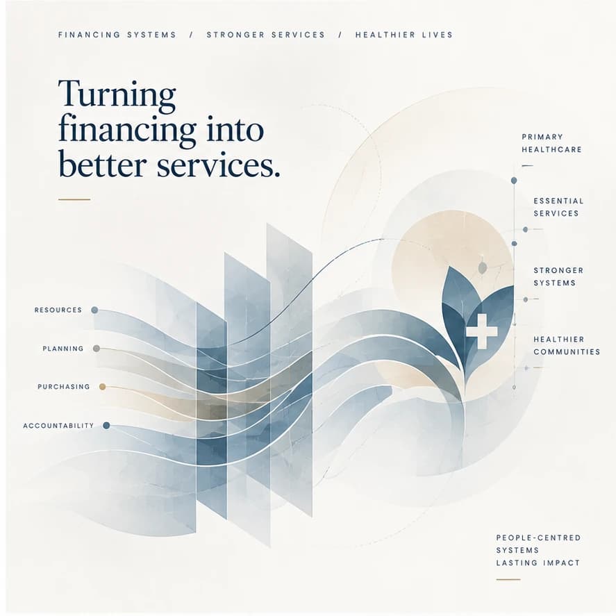 Abstract illustration of resources, planning, purchasing and accountability flowing through financing systems into stronger primary healthcare and healthier communities.